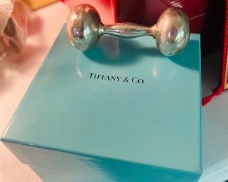 Tiffany sterling silver baby rattle with box. 