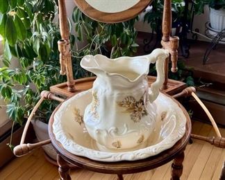 Vintage Wash Stand W Basin, Pitcher, Mirror