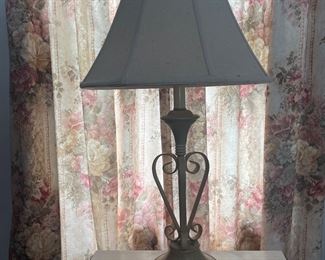 2 Buff Color Iron Scrollwork Table Lamps with Shades