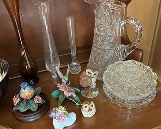 Vintage glass including cut-glass pitcher, vases, and pottery/chine by Royal Adderkey, Andrea by Sadek, Lenox and more.