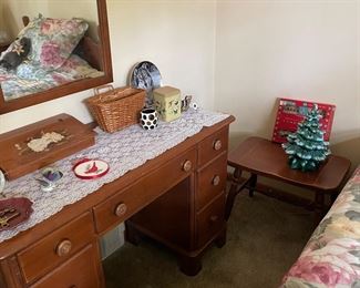 Dresser; wall mirror; vintage Ceramic Christmas tree and bench.