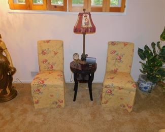 DECORATOR PARSONS CHAIRS,                                                       SOLD MAHOGANY TABLE AND LAMP