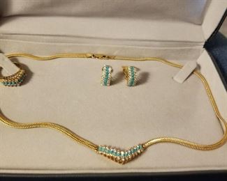 High quality 14K necklace and earrings with turquoise and diamonds. Ring is sold.