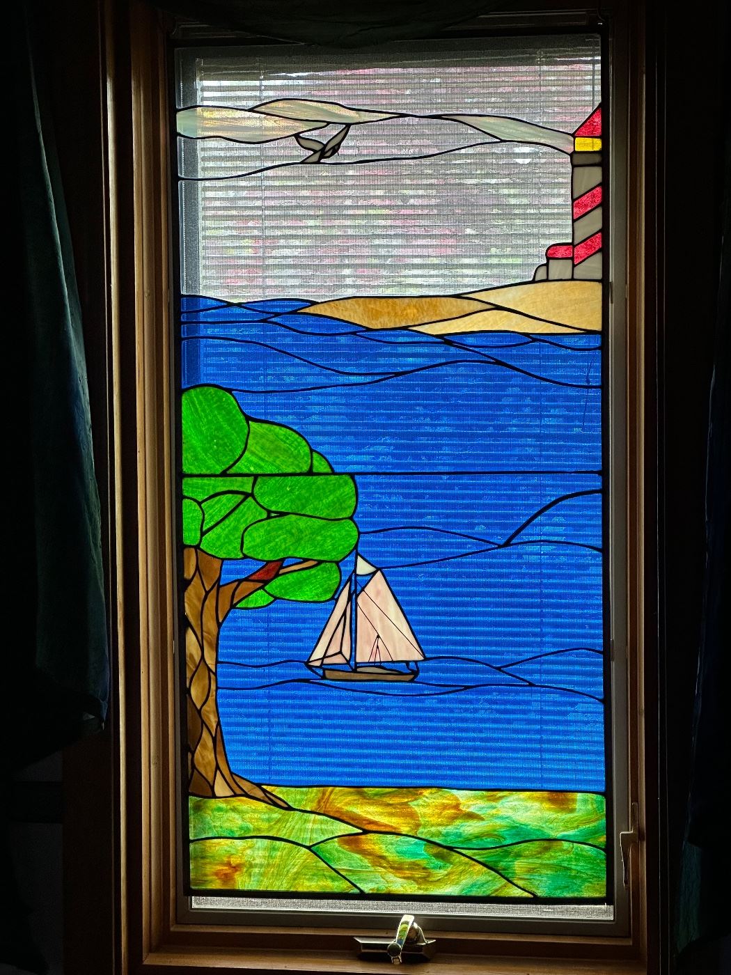 Sailboat stained glass hanging, window size