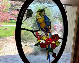 Stained glass oval parrot hanging