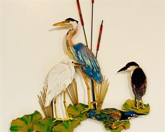 Metal with enamel lake birds 