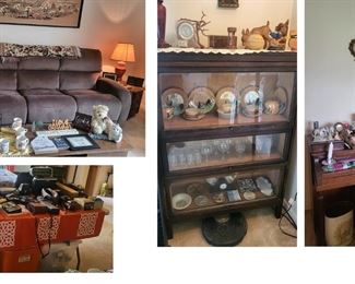 Furniture couch, piano, Victorian hutch
