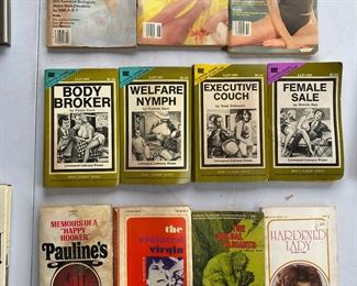 Oui adult magazine circa 1982, "Late Night Library" Series Circa 1979 (Center), Various Adult Paperbacks (Bottom Row)