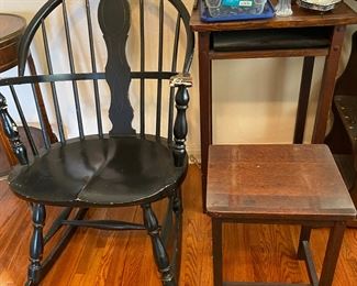 Windsor Chair (R) and H.T. Cushman Mfg "Betumal" Telephone Stand with retractable stool c1910 (L)
