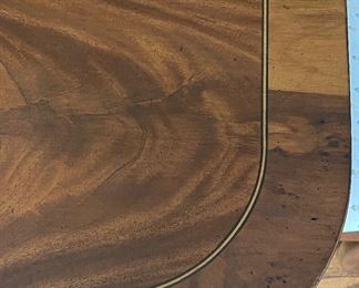 1980s Council Satinwood Banded Flame Mahogany Two Pedestal Dining Table with Satinwood Trim. Has 2 Leaves. As Shown, Table Measures 64” - 106” L x 44” W x 30” H. Has 2 20” Leaves. Photo 3 of 3.