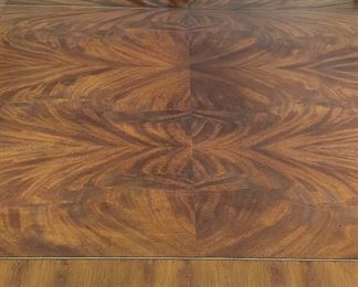 1980s Council Satinwood Banded Flame Mahogany Two Pedestal Dining Table with Satinwood Trim. Has 2 Leaves. As Shown, Table Measures 64” - 106” L x 44” W x 30” H. Has 2 20” Leaves. Photo 2 of 3.