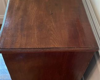 Antique Flame Mahogany Chest of Drawers with Brass Pulls & Bracket Feet. Circa 1750s. Measures 38” W x 20” D x 35” H. Photo 3 of 4.