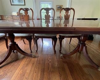 1980s Council Satinwood Banded Flame Mahogany Two Pedestal Dining Table with Satinwood Trim. Has 2 Leaves. As Shown, Table Measures 64” - 106” L x 44” W x 30” H. Has 2 20” Leaves. Photo 1 of 3.