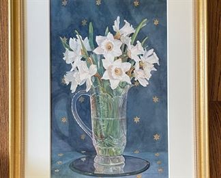Daffodil Still Life Watercolor. Measures 13.5” x 20” Unframed; 23” x 30.5” With Frame. Signed Maryann Free Smith.
