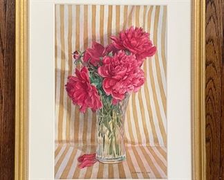 Peony Still Life Watercolor. Measures 13.5” x 20” Unframed; 23” x 30.5” With Frame. Signed Maryann Free Smith.