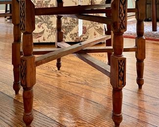 Brass Tray-Top Table with Carved Wood Base. Measures 25.5" D x 17" H. Photo 3 of 3.