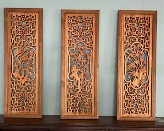 Set of 3 Carved Wood Asian Panels. Each Measures 14" W x 39" H.