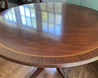 Council Mahogany Satinwood Banded Pedestal Table / Game Table & 4 Chair Set. Measures 48" D x 39.5" H. Photo 1 of 5.