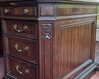Executive Mahogany Desk with Tooled Leather Top. Measures 72” W x 36” D. Photo 2 of 5.