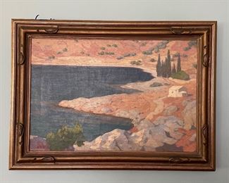 Nicholas Othoneos (Greek 1877-1950), "Poros, Greece." Signed. In Art Deco Frame. Photo 1 of 3.