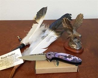 Eagle Painted Carved Knife, Feathers, Silverplate Statue
