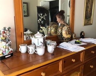 Broyhill Dresser with Mirror has queen bed with headboard footboard and like new mattress set set to match