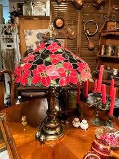 Gorgeous Tiffany Style Poinsettia Stained Glass lamp.