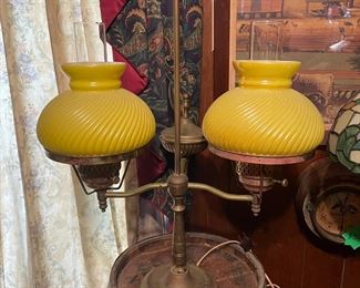 Vintage Double Globe Yellow White Ribbed Case Glass Shade Brass Student Lamp