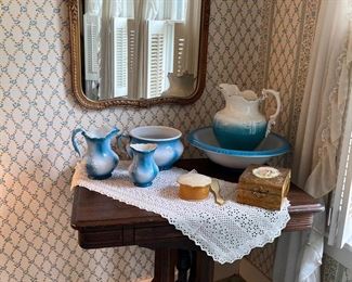 One of a few wash basin sets, Eastlake Side Table and wonderful arched gilded mirror