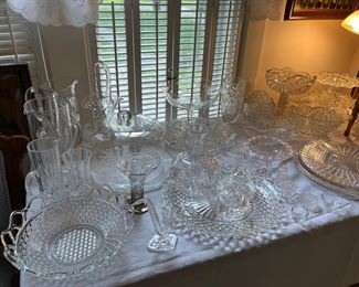 Bowls, Platters, Cake Plates, Egg Plates, Vases, Duncan Miller Baskets, Compotes, Pitchers, Candy & Relish Dishes.....Clear Pressed and Cut