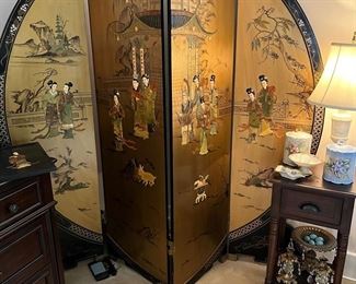 Early 1900's Painted Chinese Dressing Screen w/ Bas Relief.  Relief w/semi-precious stones.  Excellent Condition.