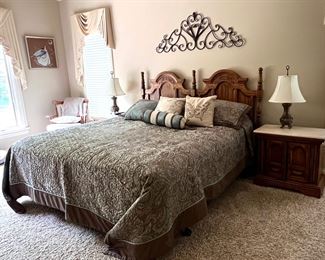 King size bed with Stearns and Foster mattress, two nightstands, ladies, dresser with mirror and armoire