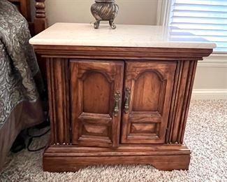 King size bed with Stearns and Foster mattress, two nightstands, ladies, dresser with mirror and armoire