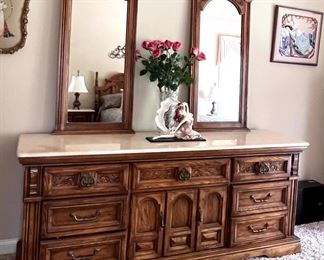 King size bed with Stearns and Foster mattress, two nightstands, ladies, dresser with mirror and armoire