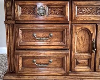 King size bed with Stearns and Foster mattress, two nightstands, ladies, dresser with mirror and armoire