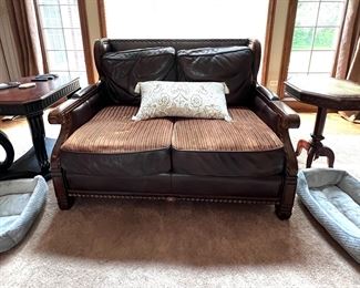 Leather & Fabric loveseat w/nail heads, also has a matching couch and side chair