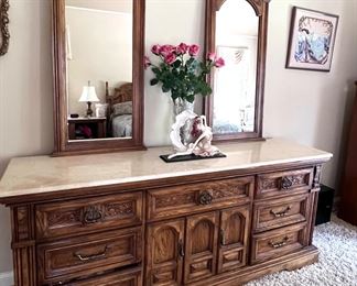 King size bed with Stearns and Foster mattress, two nightstands, ladies, dresser with mirror and armoire