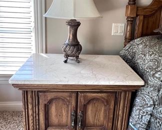 King size bed with Stearns and Foster mattress, two nightstands, ladies, dresser with mirror and armoire