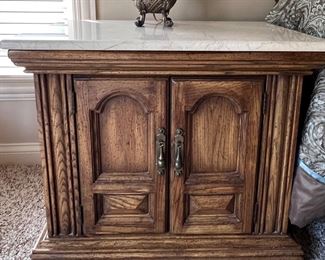 King size bed with Stearns and Foster mattress, two nightstands, ladies, dresser with mirror and armoire