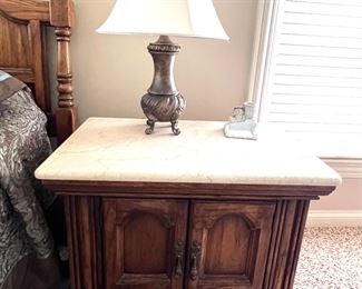 King size bed with Stearns and Foster mattress, two nightstands, ladies, dresser with mirror and armoire