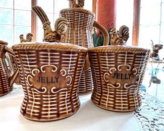 Vtg. Golden Amber Majolica basket weave - 2 Jelly jars