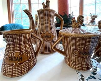 Vtg. Golden Amber Majolica basket weave - coffee pot, cream & sugar