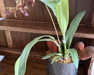 Black dot metal vase with faux plant 22" tall 