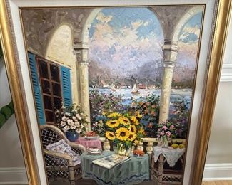 Signed original Mostafa Keyhani "Terrace Overlooking Sea" oil on canvas 