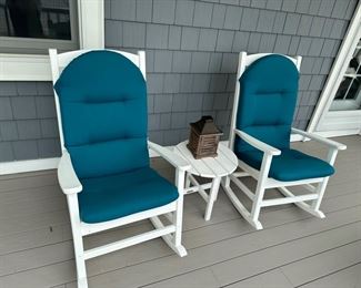 Pair of Ivy Terrace white rocking chairs with side table and lantern 
