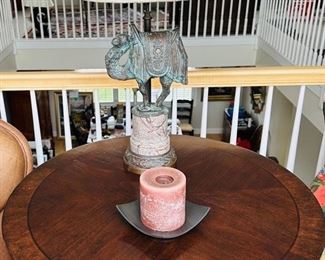 Metal elephant lamp 29.5" tall, Heavy metal square candle holder with candle, round wooden side table 