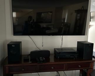 75" Sony Bravia XBR flat screen television, South Cone console table 69" long x 18" deep x 34" tall, Klipsch speakers and subwoofer