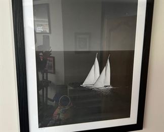 Black and white sailboat framed art 32" x 38"