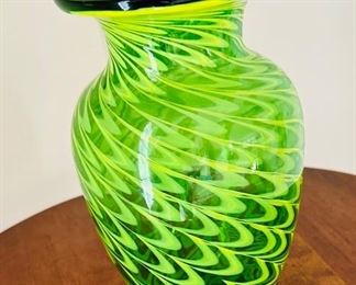 Green glass with green swirls vase 9.5" tall 