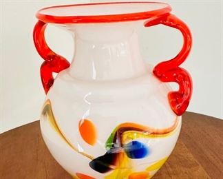 Red rimmed glass vase 8" tall 